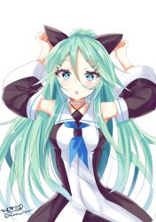 Rule 34 | 1girl, aqua eyes, arms up, black ribbon, black skirt, blue neckerchief, blush, breasts, detached sleeves, green hair, hair between eyes, hair flaps, hair ornament, hair ribbon, hairclip, highres, hizaka, kantai collection, long hair, looking at viewer, lying, medium breasts, neckerchief, on back, one-hour drawing challenge, open mouth, ponytail, ribbon, school uniform, serafuku, sidelocks, simple background, skirt, solo, twitter username, white background, yamakaze (kancolle)