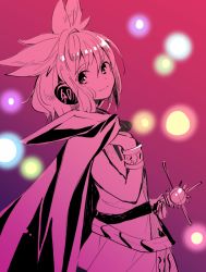 Rule 34 | 1girl, cape, earmuffs, light particles, looking at viewer, makuwauri, pointy hair, shirt, short hair, skirt, sleeveless, smile, solo, touhou, toyosatomimi no miko, wristband