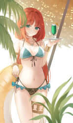 Rule 34 | 1girl, absurdres, alternate costume, beach umbrella, bikini, black bikini, blue bikini, blue nails, blunt bangs, blush, breasts, closed mouth, commentary request, cup, drinking glass, feet out of frame, front-tie bikini top, front-tie top, genshin impact, green eyes, halterneck, highleg, highleg bikini, highres, holding, holding plate, innertube, jewelry, long hair, looking at viewer, navel, necklace, nilou (genshin impact), opm7760, plate, red hair, small breasts, smile, solo, standing, swim ring, swimsuit, thighs, umbrella, very long hair, wine glass