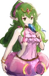 Rule 34 | 1girl, artist name, bracelet, cosplay, fire emblem, fire emblem: mystery of the emblem, fire emblem awakening, fire emblem heroes, food, gold trim, green eyes, green hair, hair ribbon, highres, ippers, jewelry, long hair, nintendo, pink one-piece swimsuit, pointy ears, ponytail, popsicle, ribbon, simple background, solo, swimsuit, tiara, tiki (adult) (fire emblem), tiki (fire emblem), tiki (fire emblem) (cosplay), tiki (young) (fire emblem), white background, wristband