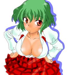 Rule 34 | 1girl, :&lt;, areola slip, blush, body blush, breasts, center opening, cleavage, collarbone, dress shirt, female focus, from above, green hair, hands on own hips, kazami yuuka, large areolae, large breasts, leaning forward, looking at viewer, looking up, lowres, no bra, oekaki, open clothes, open shirt, plaid, plaid skirt, plaid vest, pleated skirt, puffy sleeves, red eyes, shiny skin, shirt, short hair, simple background, skirt, solo, tan, touhou, unbuttoned, vest, white background