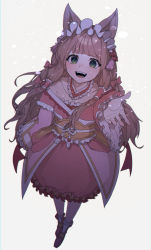 Rule 34 | 1girl, animal ears, arm at side, boots, brown hair, collar, collarbone, detached collar, fox ears, fox girl, frilled collar, frilled hairband, frills, full body, green eyes, grey background, hair tubes, hairband, highres, japanese clothes, kimono, long hair, long sleeves, looking at viewer, maho (princess connect!), obi, open mouth, pink kimono, pink skirt, princess connect!, reaching, reaching towards viewer, sash, simple background, skirt, smile, snow, solo, yogu (user rxdx2445)
