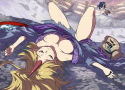 Rule 34 | 3girls, blonde hair, blue hair, blue kimono, bow, breasts, broken, broken vase, cleavage, closed eyes, defeat, downblouse, dress, drill hair, floating, grey dress, groin, hair bow, horns, hoshiguma yuugi, hoshiguma yuugi (kimono), japanese clothes, keffiyeh, kimono, large breasts, light brown hair, long hair, looking at another, lying, multiple boys, multiple girls, no bra, no panties, obi, off shoulder, on back, onsen, purple sash, red horns, red sash, sash, signature, single horn, solo focus, syope, torn clothes, touhou, sunken fossil world, twin drills, unaligned breasts, unconscious, yorigami jo&#039;on, yorigami shion