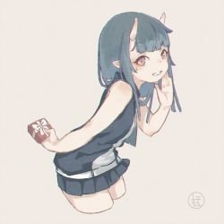 Rule 34 | 1girl, arm behind back, bare arms, bare shoulders, black hair, black shirt, black skirt, blunt bangs, box, brown eyes, commentary request, cowboy shot, cropped legs, gift, gift box, grey background, grin, hand up, highres, holding, holding gift, kuro kosyou, leaning forward, long hair, oni, original, pleated skirt, shirt, short eyebrows, simple background, skirt, sleeveless, sleeveless shirt, smile, solo, thick eyebrows, white day
