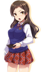 Rule 34 | 1girl, blush, breasts, brown eyes, brown hair, cellphone, commentary request, dan (orange train), idolmaster, idolmaster million live!, kitazawa shiho, long hair, looking at viewer, medium breasts, open mouth, phone, plaid, plaid skirt, school uniform, skirt, smartphone, solo, sweater vest