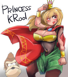 Rule 34 | 1boy, 1girl, blonde hair, brown hair, cape, clenched hand, crown, diz (diznaoto), donkey kong, donkey kong (series), donkey kong country, fang, highres, jewelry, king k. rool, long hair, mario (series), nintendo, open mouth, pantyhose, red cape, super crown