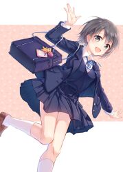 Rule 34 | 1girl, arm up, bag, blue dress, blue jacket, blue ribbon, blush, border, breasts, brown footwear, dress, grey eyes, grey hair, idolmaster, idolmaster cinderella girls, idolmaster cinderella girls starlight stage, jacket, leg up, loafers, long sleeves, looking at viewer, neck ribbon, open clothes, open hands, open jacket, open mouth, otokura yuuki, outside border, outstretched arm, pf, pink background, pleated skirt, ribbon, school bag, school uniform, shirt, shoes, short hair, simple background, skirt, small breasts, smile, socks, solo, standing, standing on one leg, stuffed animal, stuffed toy, teddy bear, white border, white shirt, white socks