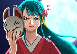 Rule 34 | aqua hair, artist request, closed mouth, crying, crying with eyes open, flower, fox mask, full moon, green eyes, hair flower, hair ornament, hair stick, holding, holding mask, japanese clothes, kimono, kouzuki hiyori, lips, lipstick, long hair, looking at viewer, makeup, mask, moon, nail polish, one piece, pink flower, solo, tears, third-party source