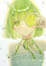 Rule 34 | 1girl, bare shoulders, bow, commentary request, dress, food, fruit, green bow, green eyes, green hair, highres, holding, holding food, lime (fruit), lime slice, looking at viewer, necojishi, original, parted lips, short hair, simple background, sleeveless, sleeveless dress, water drop, white background, white dress