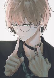 Rule 34 | 1boy, aqua necktie, barcode, barcode tattoo, belt collar, black collar, black shirt, collar, collar tug, collared shirt, earrings, finger to mouth, glasses, green eyes, highres, holostars, jewelry, light smile, looking at viewer, loose necktie, male focus, momiage 40, neck tattoo, necktie, official alternate costume, open collar, parted lips, pink hair, rikka (holostars), shirt, short hair, shushing, simple background, solo, tattoo, upper body, virtual youtuber, white background