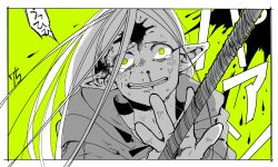 Rule 34 | 1girl, bleeding, blood, blood on face, blood splatter, capelet, dungeon meshi, elf, green background, green eyes, grin, hair down, hand up, holding, holding staff, hood, hood down, hooded capelet, long hair, looking ahead, marcille donato, monochrome, nosebleed, outside border, panicking, pointy ears, portrait, scene reference, smile, solo, staff, sweat, tearing up, wide-eyed, zzz z