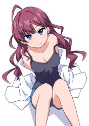 Rule 34 | 10s, 1girl, :3, ahoge, anbe masahiro, blue eyes, breasts, brown hair, cleavage, earrings, from above, ichinose shiki, idolmaster, idolmaster cinderella girls, jewelry, knees up, long hair, looking at viewer, looking up, medium breasts, off shoulder, open clothes, open shirt, shadow, shirt, shorts, sitting, smile, solo, spaghetti strap, strap slip, tank top, white background