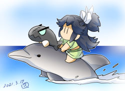 Rule 34 | 1girl, abyssal ship, black hair, blue sky, chibi, commentary request, dated, dolphin, green eyes, hisahiko, i-class destroyer, japanese clothes, kantai collection, katsuragi (kancolle), ocean, ponytail, riding, scar, scar on face, sky, translation request, aged down