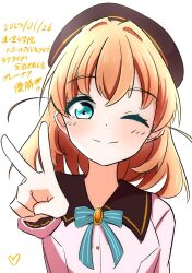 1girl ;) aqua_eyes beret blush brown_hat closed_mouth collared_dress commentary crossed_bangs daime_(hyahhaa10) dated dream_believers dress green_ribbon hat highres hinoshita_kaho link!_like!_love_live! long_sleeves looking_at_viewer love_live! medium_hair neck_ribbon one_eye_closed orange_hair pink_dress pinstripe_ribbon ribbon simple_background smile solo split_mouth translation_request two_side_up upper_body v virtual_youtuber white_background