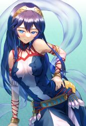 Rule 34 | 1girl, absurdres, armlet, bare shoulders, belt, blue eyes, blue hair, bracelet, breasts, closed mouth, collar, commission, commissioner upload, cosplay, dress, fire emblem, fire emblem awakening, floating, floating object, hair between eyes, hair ornament, hand on own hip, highres, jewelry, juunishi aya, long hair, looking at viewer, lucina (fire emblem), medium breasts, naga (fire emblem), naga (fire emblem) (cosplay), nintendo, non-web source, simple background, skeb commission, sleeveless, sleeveless dress, smile, solo, stomach, tiara