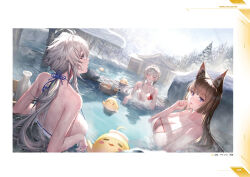 Rule 34 | 3girls, animal, animal ears, azur lane, bare shoulders, bird, blush, bottle, breasts, brown hair, bucket, character name, choko (cup), cleavage, closed eyes, cup, day, fox ears, hand up, highres, holding, large breasts, long hair, looking at viewer, low ponytail, mainz (azur lane), manjuu (azur lane), multiple girls, non-web source, official art, onsen, outdoors, page number, purple eyes, sake bottle, snow, steam, takubon, tosa (azur lane), tree, water, wooden bucket