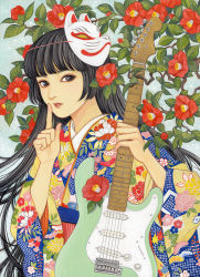Rule 34 | 1girl, black hair, camellia, electric guitar, finger to mouth, floral print, flower, fox mask, guitar, hime cut, holding, holding guitar, holding instrument, instrument, japanese clothes, kimono, long hair, looking to the side, mask, mask on head, nadeshiko rin, original, parted lips, peony print, shushing, solo, traditional media