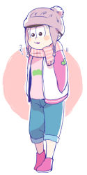 Rule 34 | 10s, 1boy, :3, bad id, bad pixiv id, beanie, blush stickers, capri pants, circle, full body, hands in pockets, hat, jacket, letterman jacket, male focus, matsuno todomatsu, osomatsu-kun, osomatsu-san, osomatsu (series), pants, pants rolled up, scarf, solo, srmrms, winter clothes