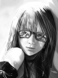 Rule 34 | 108, 1girl, absurdres, choker, greyscale, highres, jacket, jewelry, long hair, looking at viewer, monochrome, necklace, off shoulder, original, pendant, portrait, realistic, ring, shirt, smile, solo, sunglasses, upper body