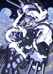 Rule 34 | 10s, 1girl, abyssal ship, aqua eyes, arm up, armor, armored boots, armpits, ascot, bare shoulders, black dress, black footwear, black thighhighs, boots, breasts, colored skin, covered mouth, dark persona, dress, glowing, glowing eyes, hair between eyes, kantai collection, long hair, mask, ne-class heavy cruiser, pale skin, short dress, solo, tentacles, thigh boots, thighhighs, turret, wenu (kirikirimai), white hair, white skin