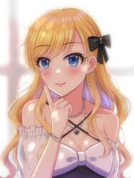 Rule 34 | 1girl, bare shoulders, black bow, blonde hair, blue eyes, blush, bow, bracelet, breasts, cleavage, collarbone, earrings, easyfunkycrazy, hair bow, hand up, heart, highres, idolmaster, idolmaster cinderella girls, jewelry, large breasts, long hair, nail polish, necklace, ohtsuki yui, pink nails, shiny skin, smile, solo, star (symbol), star earrings, upper body, white bow