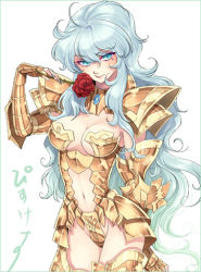 Rule 34 | 1girl, adapted costume, armor, blue hair, breasts, flower, genderswap, genderswap (mtf), gold armor, green eyes, green hair, knight, large breasts, lips, lipstick, long hair, lowres, makeup, matching hair/eyes, pisces aphrodite, rose, saint seiya, solo, thighs, zodiac