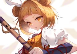Rule 34 | 1girl, absurdres, arm ribbon, blonde hair, bow, breasts, double bun, dress, dress bow, eyes visible through hair, hair bun, hair ribbon, hand up, highres, joutouguu mayumi, looking at viewer, medium breasts, open mouth, orange dress, orange eyes, polearm, puffy short sleeves, puffy sleeves, red bow, red ribbon, ribbon, shirt, short hair, short sleeves, simple background, solo, spear, touhou, upper body, weapon, white background, white ribbon, white shirt, yamanakaume