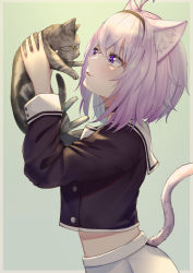 Rule 34 | 1girl, :3, absurdres, animal, animal ear fluff, animal ears, black shirt, brown hairband, cat, cat ears, cat girl, cat tail, collared shirt, eye contact, from side, grey background, hair between eyes, hairband, highres, holding, holding animal, hololive, horo 27, long sleeves, looking at another, midriff, nekomata okayu, nekomata okayu (casual), open mouth, pink hair, purple eyes, sailor collar, sailor shirt, shirt, short hair, skirt, solo, stomach, tail, virtual youtuber, white sailor collar, white skirt