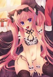 Rule 34 | 1girl, animal ears, black bow, black panties, black ribbon, black thighhighs, blush, bow, box, box of chocolates, candy, cat ears, chocolate, chocolate heart, food, hair bow, heart, lilia chocolanne, long hair, looking at viewer, mouth hold, navel, neck ribbon, off shoulder, original, panties, pink hair, purple eyes, ribbon, ribbon-trimmed underwear, ribbon trim, shiny skin, side-tie panties, sitting, skindentation, solo, suzunone rena, thighhighs, twintails, underwear, underwear only, very long hair, wrist cuffs