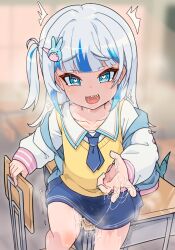 Rule 34 | 1girl, after masturbation, blue eyes, blue hair, blue nails, blue necktie, breasts, collared shirt, desk, fins, fish tail, gawr gura, gawr gura (school uniform), hair ornament, heart, heart-shaped pupils, highres, hololive, hololive english, jacket, looking at viewer, medium hair, moral cacoethes, multicolored hair, nail polish, necktie, official alternate costume, open mouth, pussy juice, pussy juice on fingers, pussy juice trail, rabbit hair ornament, saliva, school desk, shark girl, shark tail, sharp teeth, shirt, side ponytail, small breasts, smile, solo, streaked hair, sweat, symbol-shaped pupils, tail, teeth, trembling, upper teeth only, virtual youtuber, white hair, white jacket, white shirt