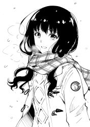 Rule 34 | 1girl, absurdres, black hair, breath, coat, duffel coat, enpera, fqnrxj, greyscale, highres, inoue takina, long hair, looking at viewer, lycoris recoil, monochrome, plaid, plaid scarf, scarf, smile, solo, sweater, toggles, upper body, winter clothes