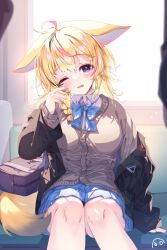 Rule 34 | 1girl, absurdres, ahoge, animal ears, bag, black hair, black jacket, blonde hair, blue bow, blue bowtie, blue skirt, blush, bow, bowtie, braid, brown cardigan, cardigan, collared shirt, commentary, day, drooling, ears down, finger to cheek, fox ears, fox girl, fox tail, half-closed eye, hand up, head tilt, heart, heart-shaped pupils, highres, hololive, jacket, kio is here, knees, lens flare, light particles, long hair, long sleeves, looking at viewer, mouth drool, multicolored hair, off shoulder, omaru polka, one eye closed, open clothes, open jacket, open mouth, pink hair, plaid, plaid bow, plaid skirt, purple eyes, school bag, school uniform, shirt, shoulder bag, side braid, sidelocks, signature, sitting, skirt, sleepy, solo focus, streaked hair, sunlight, symbol-shaped pupils, tail, train interior, virtual youtuber, white shirt, window, wing collar