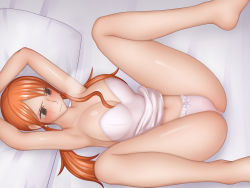 Rule 34 | 1girl, armpits, arms up, bare arms, bare legs, bare shoulders, bed, blush, breasts, brown eyes, cleavage, closed mouth, crying, embarrassed, from above, groin, large breasts, legs, legs up, long hair, lying, nami (one piece), navel, on bed, one piece, orange hair, panties, pillow, ponte, solo, spread legs, strapless, tears, thighs, twintails, underwear