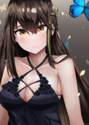 Rule 34 | absurdres, armpits, bare arms, bare shoulders, black dress, black hair, blue butterfly, blush, breasts, brown eyes, bug, butterfly, cleavage, cocktail dress, collarbone, commentary, dress, english commentary, eyebrows, floral dress, girls&#039; frontline, gradient background, green hair, hair ornament, hair over shoulder, hairpin, highres, insect, long hair, looking at viewer, m4a1 (girls&#039; frontline), m4a1 (suspender of time) (girls&#039; frontline), mark1019, medium breasts, multicolored hair, no bra, official alternate costume, parted bangs, parted lips, sidelocks, sleeveless, sleeveless dress, solo, streaked hair, teeth, very long hair, yellow butterfly