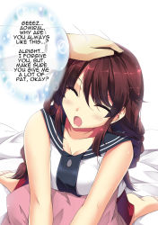 Rule 34 | 10s, 1boy, 1girl, admiral (kancolle), bed sheet, blush, braid, breasts, brown hair, cleavage, closed eyes, collarbone, english text, headpat, highres, kantai collection, kneeling, large breasts, leaning forward, long hair, looking at viewer, looking up, noshiro (kancolle), open mouth, pillow, pleated skirt, red skirt, sailor collar, sheita, skirt, twin braids