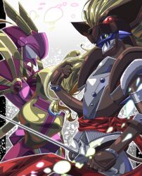 Rule 34 | 2boys, armor, digimon, digimon (creature), duftmon, highres, looking at viewer, lordknightmon, multiple boys, no humans, rapier, royal knights, shield, sword, tail, weapon