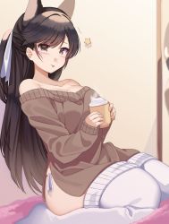 Rule 34 | 1girl, absurdres, alternate costume, animal ears, atago (azur lane), azur lane, bare shoulders, breasts, brown hair, brown sweater, casual, cleavage, cup, hair ribbon, highres, holding, holding cup, indoors, large breasts, lisa (faeuna), long hair, looking at viewer, mole, mole under eye, off-shoulder sweater, off shoulder, panties, ribbon, side-tie panties, sitting, solo, star (symbol), sweater, thighhighs, tongue, tongue out, underwear, wariza, white panties, white ribbon, white thighhighs, yellow eyes