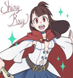 Rule 34 | 1girl, :d, bad id, bad pixiv id, breasts, cape, cleavage, cosplay, detached sleeves, kagari atsuko, little witch academia, looking at viewer, md5 mismatch, nakajima asuka, navel, open mouth, red eyes, shiny chariot, shiny chariot (cosplay), shiny rod (little witch academia), small breasts, smile, solo, sparkle