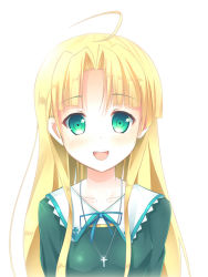 Rule 34 | 10s, 1girl, :d, ahoge, asia argento, bad id, bad nicoseiga id, blonde hair, cross, cross necklace, green eyes, high school dxd, jewelry, long hair, necklace, open mouth, raivu, simple background, smile, solo, upper body, white background