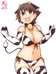 Rule 34 | 1girl, alternate costume, animal ears, animal print, artist logo, bikini, breasts, brown hair, clenched hands, commentary request, cow ears, cow horns, cow print, cow print bikini, cow tail, cowboy shot, dated, fake animal ears, fake horns, flipped hair, gloves, grey eyes, hiei (kancolle), horns, kanon (kurogane knights), kantai collection, large breasts, one-hour drawing challenge, open mouth, print bikini, short hair, simple background, smile, solo, swimsuit, tail, thighhighs, white background, white bikini, white gloves, white thighhighs