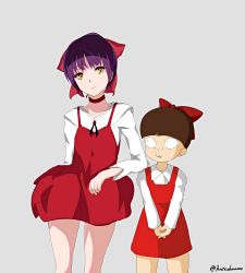 Rule 34 | 2girls, arm behind back, bad id, bad pixiv id, blunt bangs, bow, bowl cut, brown hair, choker, constricted pupils, cowboy shot, cropped legs, dress, dual persona, elbow rest, expressionless, gegege no kitarou, grey background, hair bow, head tilt, height difference, highres, interlocked fingers, long sleeves, looking at another, looking at viewer, multiple girls, nekomusume, nekomusume (gegege no kitarou 3), nekomusume (gegege no kitarou 6), open mouth, pinafore dress, purple hair, red bow, red choker, red dress, shirt, short hair, simple background, sleeveless dress, standing, twitter username, unimon e, v arms, white shirt, wing collar, yellow eyes