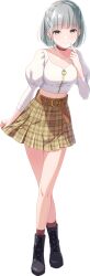 Rule 34 | 1girl, black footwear, boots, checkered clothes, checkered skirt, grey hair, highres, idoly pride, kana (idoly pride), looking at viewer, qp:flapper, short hair, skirt, smile, transparent background, white sleeves