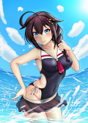 Rule 34 | 1girl, absurdres, adapted costume, ahoge, black hair, black one-piece swimsuit, black skirt, blue eyes, blue sky, braid, breasts, casual one-piece swimsuit, cloud, cosplay, costume switch, covered navel, day, hair flaps, hair over shoulder, highres, kantai collection, looking at viewer, medium breasts, one-piece swimsuit, outdoors, rx782110a, shigure (kancolle), side-tie swimsuit, single braid, skirt, sky, soaking feet, solo, splashing, swimsuit, swimsuit skirt, wading, water, wet, wet clothes, wet swimsuit