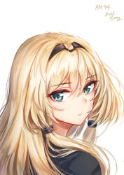 Rule 34 | 1girl, an-94 (girls&#039; frontline), artist name, baek hyang, blonde hair, blue eyes, blush, braid, character name, closed mouth, from behind, girls&#039; frontline, hair between eyes, hair over shoulder, hair ribbon, hairband, highres, jacket, long hair, looking at viewer, looking back, portrait, ribbon, sidelocks, simple background, solo, tress ribbon, white background