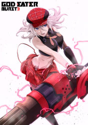 Rule 34 | 10s, 1girl, alisa ilinichina amiella, asymmetrical gloves, black footwear, black pantyhose, blue eyes, boots, breasts, butt crack, commentary, copyright name, elbow gloves, fingerless gloves, gloves, god eater, god eater burst, hair between eyes, hat, highres, holding, holding weapon, huge weapon, isshi pyuma, large breasts, long hair, midriff, mismatched gloves, navel, open mouth, pantyhose, silver hair, simple background, skirt, sleeveless, solo, suspender skirt, suspenders, thigh boots, thighhighs, v-shaped eyebrows, weapon, white background