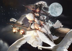 Rule 34 | 1girl, arm ribbon, bamuth, bird, boots, breasts, broom, broom riding, brown thighhighs, cleavage, closed mouth, cloud, cloudy sky, commentary, dress, flying, frills, full moon, gloves, goose, hair between eyes, hat, highleg, highleg dress, highres, lantern, large breasts, long hair, looking at viewer, midair, moon, night, original, outdoors, partially fingerless gloves, pink eyes, pink ribbon, puffy short sleeves, puffy sleeves, purple eyes, ribbon, short sleeves, showgirl skirt, sky, smile, solo, thigh boots, thighhighs, vambraces, white footwear, white gloves, witch hat