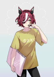 Rule 34 | 1girl, animal ears, black pants, blush, breasts, closed mouth, clothes writing, cowboy shot, eyepatch, frown, gradient background, hand up, headphones for animal ears, hi (ibisf5umauma), highres, holding, holding sketchbook, horse ears, looking to the side, microphone, pants, shirt, short hair, short sleeves, sketchbook, small breasts, solo, tanino gimlet (umamusume), twitter username, umamusume, yellow eyes, yellow shirt