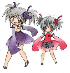 Rule 34 | 2girls, apple inc., back, bare back, bare shoulders, blush, detached sleeves, food-themed hair ornament, grey hair, hair ornament, lowres, mac os 8.6, macintosh, multiple girls, os-tan, personification, purple eyes, red eyes, see-through, short hair, twintails
