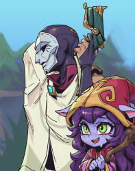 Rule 34 | 1boy, 1girl, :d, black bodysuit, bodysuit, colored skin, day, fang, from side, grey background, gun, hand grab, hand up, height difference, holding, holding gun, holding weapon, jhin, league of legends, long hair, long sleeves, lulu (league of legends), mask, open mouth, outdoors, phantom ix row, purple hair, purple skin, red headwear, shirt, smile, striped clothes, striped shirt, sweat, teeth, tree, upper teeth only, weapon, yordle