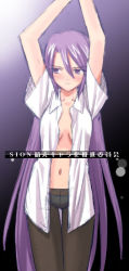Rule 34 | 00s, 1girl, arms up, bdsm, blush, bondage, bound, crotch seam, dress shirt, long hair, melty blood, midriff, navel, no bra, open clothes, open shirt, panties, panties under pantyhose, pantyhose, purple eyes, purple hair, shirt, sion eltnam atlasia, sketch, solo, standing, thigh gap, thighs, tsukihime, underwear, very long hair